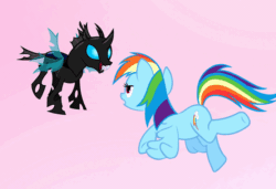 Size: 694x475 | Tagged: safe, imported from derpibooru, screencap, rainbow dash, changeling, do princesses dream of magic sheep, animated, dream, flying, frown, gif, glare, kick, kicking, open mouth, smiling, spread wings, underhoof