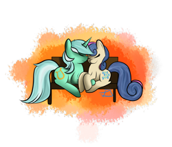 Size: 3500x3000 | Tagged: safe, artist:lyres-art, imported from derpibooru, bon bon, lyra heartstrings, sweetie drops, earth pony, pony, unicorn, abstract background, bench, eyes closed, female, lesbian, lyrabon, shipping, smiling