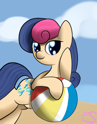 Size: 2500x3200 | Tagged: safe, artist:lyres-art, imported from derpibooru, bon bon, sweetie drops, earth pony, pony, beach, beach ball, female, looking at you, solo