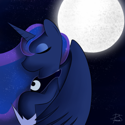 Size: 3200x3200 | Tagged: safe, artist:lyres-art, imported from derpibooru, princess luna, alicorn, pony, bust, eyes closed, female, moon, night, solo