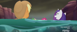 Size: 1920x800 | Tagged: safe, imported from derpibooru, screencap, applejack, pinkie pie, rarity, spike, dragon, pony, my little pony: the movie, discovery family logo, water, wet, wet mane, wet mane rarity