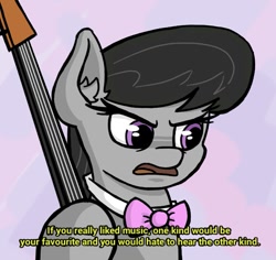 Size: 621x586 | Tagged: safe, artist:plunger, imported from derpibooru, octavia melody, earth pony, pony, /mu/, 4chan, arthur, bowtie, cello, drawthread, female, mare, music, musical instrument, ponified, scowl, simple background, solo, text
