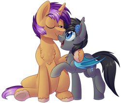 Size: 1486x1262 | Tagged: safe, artist:thegamblehorse, imported from derpibooru, oc, oc only, oc:seachell, oc:sharkbutt, bat pony, pony, unicorn, bat pony oc, chest fluff, couple, female, flower, flower in hair, looking down, looking up, male, mare, oc x oc, one eye closed, open mouth, raised hoof, sharkchell, shipping, simple background, sitting, smiling, stallion, standing, straight, transparent background