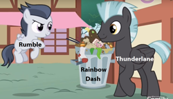 Size: 1280x739 | Tagged: safe, edit, imported from derpibooru, screencap, rainbow dash, rumble, thunderlane, pegasus, pony, marks and recreation, colt, male, op is a duck, op is trying to start shit, rainbow trash, your waifu is trash