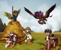Size: 2123x1734 | Tagged: safe, artist:koviry, imported from derpibooru, oc, oc only, oc:anima, oc:anima (lord_salt), oc:cocoa dot, oc:evening howler, oc:mocha latte, oc:olive hue, bat pony, earth pony, pegasus, pony, bat pony oc, commission, fence, flying, hay, leaning, smiling, spread wings, wings