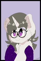 Size: 1181x1748 | Tagged: safe, artist:teshl, imported from derpibooru, oc, oc only, oc:solaria, pony, unicorn, chest fluff, clothes, glasses, socks, solo