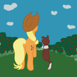 Size: 560x560 | Tagged: safe, artist:sixthousandbees, imported from derpibooru, applejack, winona, earth pony, pony, animated, apple tree, female, gif, tail wag, tree