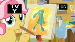 Size: 1320x742 | Tagged: safe, edit, edited screencap, imported from derpibooru, screencap, kettle corn, earth pony, pony, marks and recreation, artist unknown (spongebob episode), bold and brash, exploitable meme, female, filly, kettle draws, meme, mouth hold, solo, spongebob squarepants, tv-y