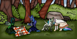 Size: 1407x711 | Tagged: artist needed, safe, imported from derpibooru, princess celestia, princess luna, queen chrysalis, oc, oc:light knight, alicorn, changeling, pony, cake, food, hoof hold, horseshoes, lightestia, picnic, s1 luna, tea