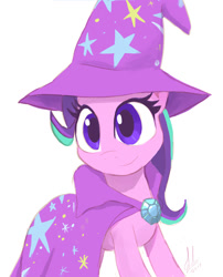 Size: 726x900 | Tagged: safe, artist:grissaecrim, artist:raikoh, imported from derpibooru, starlight glimmer, pony, unicorn, accessory swap, cape, clothes, cute, female, glimmerbetes, hat, looking at you, mare, simple background, smiling, solo, trixie's cape, trixie's hat, white background