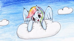 Size: 2810x1554 | Tagged: safe, artist:40kponyguy, derpibooru exclusive, imported from derpibooru, rainbow dash, pegasus, pony, 30 minute art challenge, cloud, female, looking down, solo, spread wings, traditional art, wings