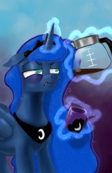 Size: 1618x2500 | Tagged: safe, artist:paleheart-arts, imported from derpibooru, princess luna, alicorn, pony, coffee, coffee mug, crown, female, glowing horn, jewelry, magic, mare, mug, regalia, solo