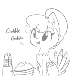 Size: 1075x1075 | Tagged: safe, artist:tjpones, imported from derpibooru, oc, oc only, oc:brownie bun, turkey, horse wife, baguette, bread, clothes, costume, dialogue, ear fluff, food, grayscale, holiday, monochrome, simple background, sitting, solo, thanksgiving, turkey costume, white background