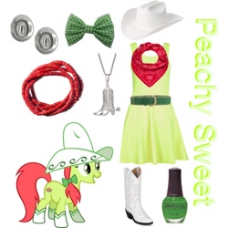 Size: 600x600 | Tagged: safe, imported from derpibooru, peachy sweet, earth pony, pony, apple family member, background pony, boots, bow, clothes, cosplay, costume, cowboy boots, cowboy hat, dress, female, hair bow, hat, jewelry, mare, neckerchief, necklace, shoes, simple background, white background
