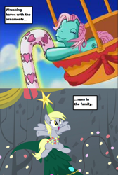 Size: 936x1394 | Tagged: safe, edit, edited screencap, imported from derpibooru, screencap, derpy hooves, minty, earth pony, pegasus, pony, a hearth's warming tail, a very minty christmas, season 6, candy, candy cane, christmas, christmas tree, derpy star, female, food, g3, g4, hearth's warming, hearth's warming eve is here once again, holiday, hot air balloon, lights, mare, mother and daughter, oh minty minty minty, oops my bad, stars, text, text box, this will end in tears, tree