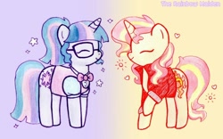 Size: 1024x640 | Tagged: safe, artist:therainbowmaiden, imported from derpibooru, sci-twi, sunset shimmer, twilight sparkle, pony, unicorn, equestria girls, clothes, cute, equestria girls outfit, equestria girls ponified, eyes closed, female, glasses, lesbian, ponified, scitwishimmer, shimmerbetes, shipping, smiling, sunsetsparkle, traditional art, twiabetes, unicorn sci-twi