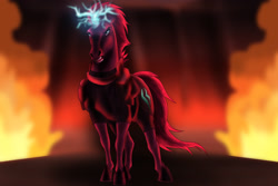 Size: 3000x2000 | Tagged: safe, artist:megbeth, imported from derpibooru, tempest shadow, horse, pony, unicorn, my little pony: the movie, armor, eye scar, female, fire, hoers, horn, mare, open mouth, open up your eyes, realistic, scar, solo, sparking horn