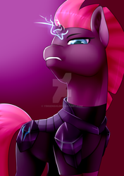Size: 1024x1453 | Tagged: safe, artist:yinsenshi, deleted from derpibooru, imported from derpibooru, tempest shadow, pony, unicorn, my little pony: the movie, armor, broken horn, edgehorse, female, mare, sneer, solo, sparking horn, watermark