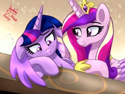 Size: 1200x900 | Tagged: safe, artist:joakaha, imported from derpibooru, princess cadance, twilight sparkle, alicorn, pony, once upon a zeppelin, ..., comforting, comforting twilight, crown, cute, duo, female, hug, jewelry, mare, regalia, sad, sadorable, signature, sisters-in-law, smiling, twilight sparkle (alicorn), winghug, wings