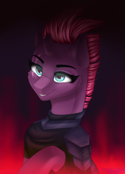 Size: 1800x2500 | Tagged: safe, artist:allisonbacker, imported from derpibooru, tempest shadow, pony, unicorn, my little pony: the movie, armor, broken horn, eye scar, female, mare, scar, smiling, solo