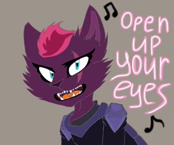 Size: 2737x2289 | Tagged: safe, artist:sonadbroken, imported from derpibooru, tempest shadow, abyssinian, cat, my little pony: the movie, abyssinianized, armor, brown background, catified, eye scar, fangs, female, gray background, open mouth, open up your eyes, scar, scar on the wrong side, simple background, solo, species swap