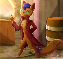 Size: 1871x1742 | Tagged: safe, artist:the-butch-x, imported from derpibooru, capper dapperpaws, abyssinian, anthro, cat, digitigrade anthro, my little pony: the movie, barrel, chest fluff, clothes, crate, male, signature, smiling, solo