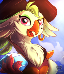 Size: 1754x2000 | Tagged: safe, artist:gralmaka, artist:hintomikto, imported from derpibooru, captain celaeno, anthro, bird, parrot, parrot pirates, my little pony: the movie, chest fluff, clothes, ear piercing, earring, female, gem, hat, jewelry, looking at you, open mouth, outdoors, piercing, pirate, pirate hat, smiling, solo