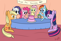 Size: 2400x1600 | Tagged: safe, artist:joey, imported from derpibooru, applejack, fluttershy, pinkie pie, rainbow dash, rarity, spike, twilight sparkle, alicorn, dragon, cake, food, happy birthday mlp:fim, mane seven, mane six, mlp fim's seventh anniversary, party, twilight sparkle (alicorn)