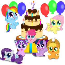 Size: 1500x1500 | Tagged: safe, artist:spellboundcanvas, imported from derpibooru, applejack, fluttershy, pinkie pie, rainbow dash, rarity, starlight glimmer, twilight sparkle, alicorn, earth pony, pegasus, pony, unicorn, balloon, birthday candles, cake, candle, chibi, cute, dashabetes, diapinkes, female, food, glimmerbetes, happy birthday mlp:fim, jackabetes, mane six, mlp fim's seventh anniversary, raribetes, shyabetes, simple background, sitting, transparent background, twiabetes, twilight sparkle (alicorn), weapons-grade cute