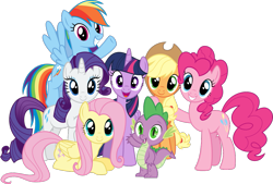 Size: 1087x734 | Tagged: artist needed, safe, imported from derpibooru, applejack, fluttershy, pinkie pie, rainbow dash, rarity, spike, twilight sparkle, alicorn, dragon, pony, group photo, mane seven, mane six, simple background, transparent background, twilight sparkle (alicorn), vector