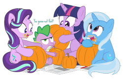 Size: 1000x650 | Tagged: safe, artist:dm29, imported from derpibooru, spike, starlight glimmer, trixie, twilight sparkle, dragon, pony, unicorn, annoyed, dialogue, eating, halloween, herbivore, holiday, horses doing horse things, newspaper, open mouth, pumpkin, pumpkin carving, simple background, sitting, tongue out, transparent background, unamused