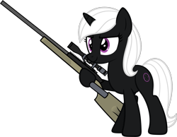 Size: 2101x1634 | Tagged: safe, artist:zacatron94, imported from derpibooru, oc, oc only, oc:sharp shooter, pony, unicorn, cutie mark, female, gun, hooves, horn, mare, optical sight, rifle, simple background, sniper rifle, solo, transparent background, vector, weapon