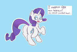 Size: 2469x1669 | Tagged: safe, artist:funble, imported from derpibooru, rarity, belly, big belly, butt, chubbity, chubby, dialogue, fat, female, plot, preggity, pregnant, raritubby, rarity is a marshmallow, rearity, simple background, solo, this will end in weight gain