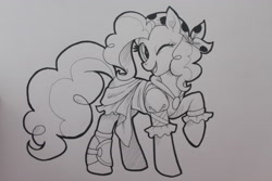 Size: 3456x2304 | Tagged: safe, artist:prettypumpkinhead, imported from derpibooru, pinkie pie, my little pony: the movie, female, high res, monochrome, one eye closed, pirate pinkie pie, raised hoof, solo, traditional art, wink