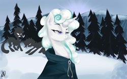 Size: 1280x800 | Tagged: safe, artist:endemy21, imported from derpibooru, rarity, pony, it isn't the mane thing about you, assassin, cloak, clothes, cloud mane, knife, raised eyebrow, snow, solo focus, tree