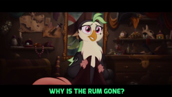 Size: 1024x576 | Tagged: safe, deleted from derpibooru, edit, edited screencap, imported from derpibooru, screencap, captain celaeno, my little pony: the movie, jack sparrow, map, pirates of the caribbean, storm king's messenger outfit, text edit, why is the rum gone