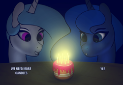 Size: 1358x942 | Tagged: safe, artist:eqamrd, imported from derpibooru, princess celestia, princess luna, alicorn, pony, cake, candle, food, happy birthday mlp:fim, mlp fim's seventh anniversary, smiling