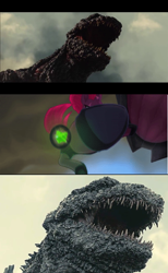 Size: 1276x2076 | Tagged: safe, deleted from derpibooru, imported from derpibooru, tempest shadow, derpibooru, my little pony: the movie, godzilla, juxtaposition, meta, obsidian orb, petrification, shin godzilla, spoilers for another series