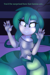 Size: 1024x1536 | Tagged: safe, artist:wubcakeva, imported from derpibooru, oc, oc only, oc:nikita (wubcakeva), lamia, monster girl, original species, equestria girls, belly button, clothes, dialogue, female, gift art, shirt, smiling, solo