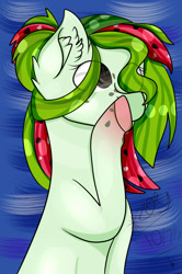 Size: 1024x1544 | Tagged: safe, artist:candycloud42, imported from derpibooru, oc, oc only, oc:watermelana, pony, covering mouth, freckles, gradient hooves, solo, transparent mane