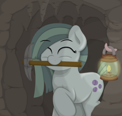 Size: 2100x2000 | Tagged: safe, artist:ljdamz1119, imported from derpibooru, marble pie, earth pony, pony, cave, eyes closed, female, lamp, mare, mouth hold, pickaxe, smiling, solo