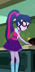 Size: 351x720 | Tagged: safe, imported from derpibooru, screencap, sci-twi, twilight sparkle, eqg summertime shorts, equestria girls, subs rock, clothes, eyes closed, female, glasses, ponytail, skirt, smiling, socks