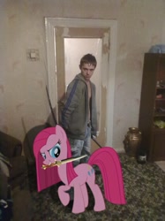 Size: 1277x1703 | Tagged: safe, imported from derpibooru, pinkie pie, human, pony, brony, dagger, human x pony, irl, irl human, katana, photo, pinkamena diane pie, sword, weapon