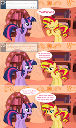 Size: 1280x2168 | Tagged: safe, artist:hakunohamikage, imported from derpibooru, sunset shimmer, twilight sparkle, alicorn, pony, unicorn, ask-princesssparkle, ask, comic, eyes closed, female, golden oaks library, mare, tumblr, twilight sparkle (alicorn), yawn