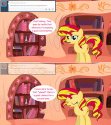 Size: 1280x1444 | Tagged: safe, artist:hakunohamikage, imported from derpibooru, sunset shimmer, pony, unicorn, ask-princesssparkle, ask, comic, eyes closed, female, golden oaks library, mare, solo, tumblr, yawn