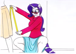 Size: 3477x2474 | Tagged: safe, artist:killerteddybear94, imported from derpibooru, rarity, anthro, clothes, female, glasses, mannequin, measuring tape, rarara, skirt, solo, sweater, tongue out, traditional art