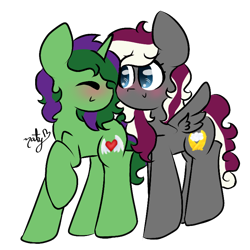 Size: 768x768 | Tagged: safe, artist:naty7913, imported from derpibooru, oc, oc only, oc:charcoal dust, oc:mint heart, pegasus, pony, unicorn, blushing, eyes closed, female, mare, nuzzling, simple background, transparent background