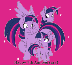 Size: 2100x1900 | Tagged: safe, artist:appelknekten, imported from derpibooru, twilight sparkle, alicorn, unicorn, age progression, female, filly, filly twilight sparkle, happy birthday mlp:fim, mare, mlp fim's seventh anniversary, multeity, purple background, self ponidox, simple background, sparkle sparkle sparkle, time paradox, triality, twilight sparkle (alicorn), unicorn twilight, younger