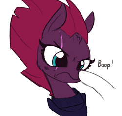 Size: 1134x1075 | Tagged: safe, artist:tjpones, artist:tjpones edits, color edit, edit, imported from derpibooru, fizzlepop berrytwist, tempest shadow, pony, unicorn, my little pony: the movie, boop, broken horn, colored, cute, eye scar, female, frown, hooves, mare, non-consensual booping, offscreen character, partial color, scar, simple background, solo focus, tempest shadow is not amused, tempestbetes, this will end in pain, tsundere shadow, unamused, white background