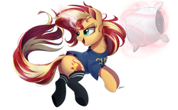 Size: 2500x1550 | Tagged: safe, artist:ncmares, imported from derpibooru, sunset shimmer, pony, unicorn, butt, clothes, cute, female, magic, mare, pillow, pillow fight, plot, shimmerbetes, shirt, simple background, socks, solo, t-shirt, telekinesis, white background